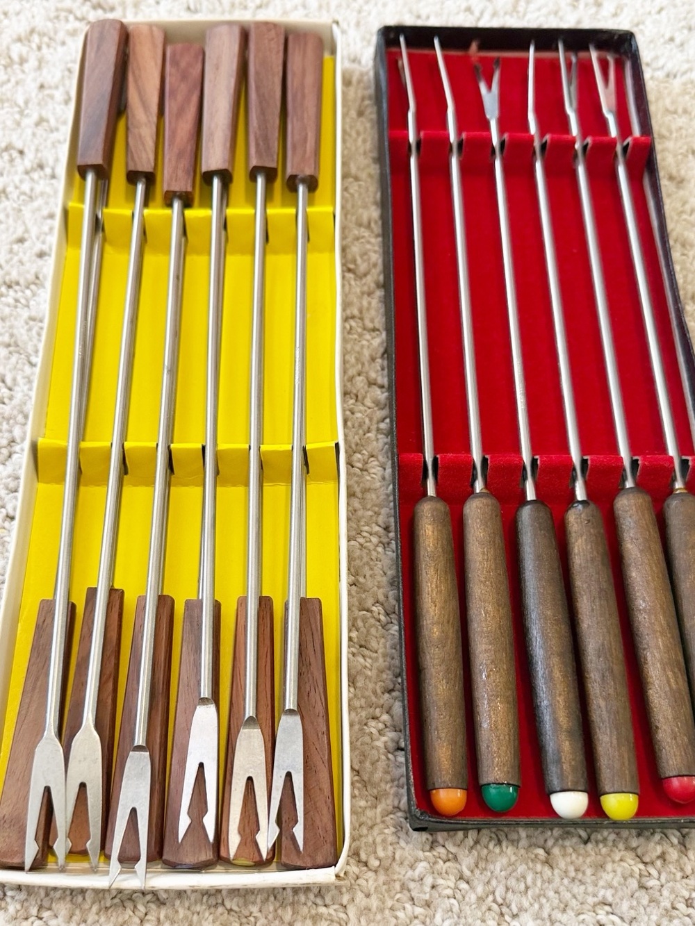 Set of 18 Fondue Forks Wooden Handle Original Box Japan Vtg MCM Stainless Steel